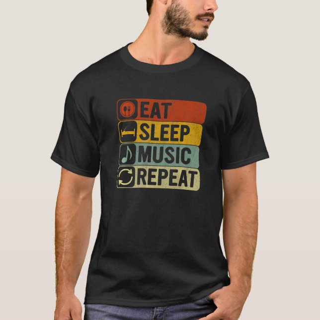 Essen Sleep Music Wiederholen Retro 60er 70er Cool T-Shirt (Vorderseite)