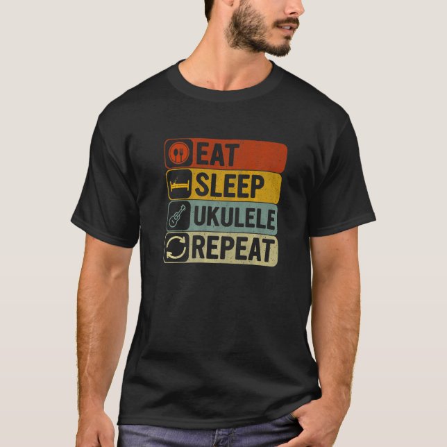 Essen Sleep Ukulele Repeat Retro 60er 70er Ukulele T-Shirt (Vorderseite)