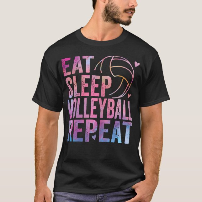 Essen Sleep Volleyball Wiederholen farbenfrohe Tee (Vorderseite)