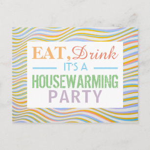 Essen, Trink Housewarming Party Wavy Lines laden Einladungspostkarte