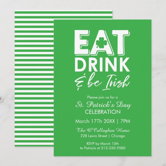 Essen, trinken & be Irish Modern St. Patrick's Day Einladung (Vorne/Hinten)