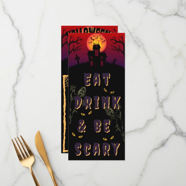 Essen, trinken & Beängstigend sein Halloween Menükarte (Vorderseite/Rückseite Beispiel)