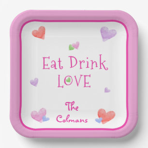 ESSEN TRINKEN LIEBE Valentinstag Spaß Wasserfarbe  Pappteller