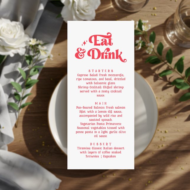 Essen & Trinken Retro Rote und weiße Hochzeit Menükarte (Von Creator hochgeladen)