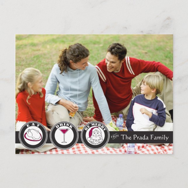 Essen, trinken, sei frohe Weihnachtskarte. Feiertagspostkarte (Vorderseite)