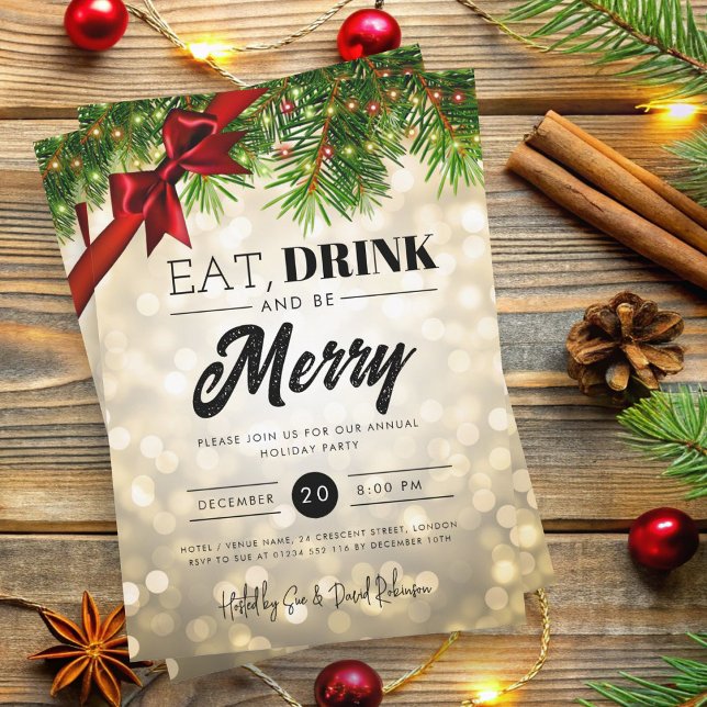 Essen, trinken Sie Merry Gold Pine Lights Ferien W Einladung (Eat, Drink Be Merry Gold Pine Lights Holiday Xmas Invitation)