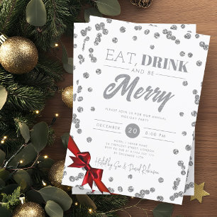 Essen, trinken Sie Merry Silver Glitzer Xmas Ribbo Einladung