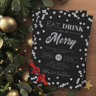 Essen, trinken Silber Glitzer Xmas Ribbon Black Einladung