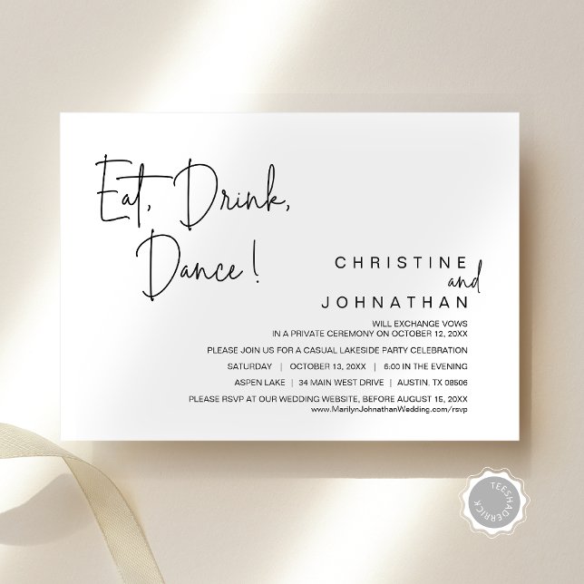 Essen, Trinken, Tanz, Lässiges Hochzeitsfeiern Par Einladung (Eat, Drink, Dance, Casual Modern Wedding Elopement Party and Dinner Celebration Invitation Card)
