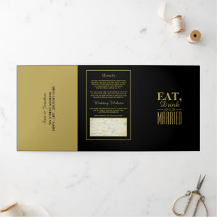 Essen, Trinken und Verheiratete Black & Gold Weddi Dreifach Gefaltete Einladung