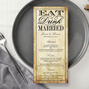 Essen, trinken & Verheiratete Vintage Hochzeitsmen Werbekarte