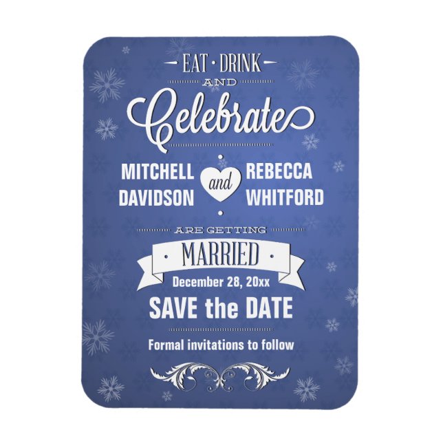 Essen und feiern Winterblau Save the Date Magnet (Vertikal)