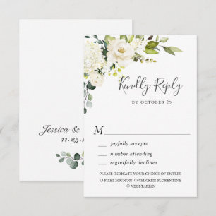 Essen Wahl Eukalyptus Weiße Rosen Florale Hochzeit RSVP Karte