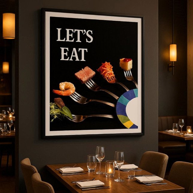 Essen wir Essen auf Forks Black Modern Poster (Modern “Let’s Eat” premium poster for home or business use  perfect for dining rooms, restaurants)