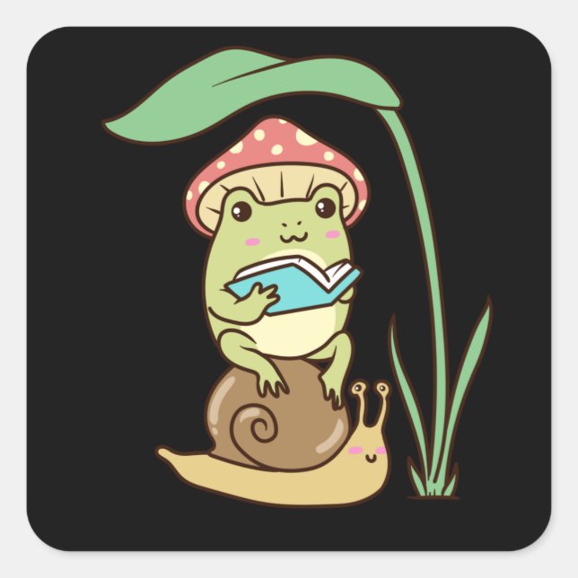 Essensästhetischer Frosch Lesebuch über Schnecke Quadratischer Aufkleber (Vorderseite)