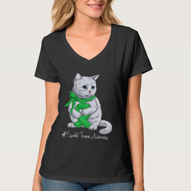 Essential Tremor Awareness Month Green Ribbon Cat T-Shirt (Vorderseite)
