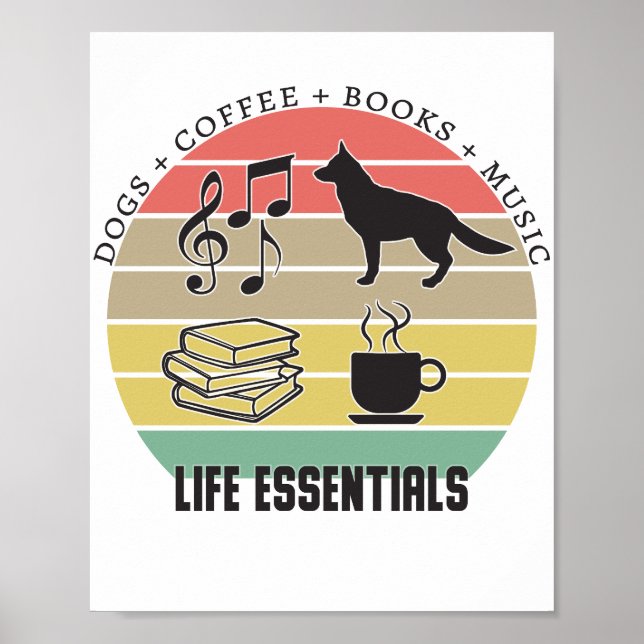 Essentials Hunde, Kaffee, Bücher, Musik Vintag Poster (Vorne)