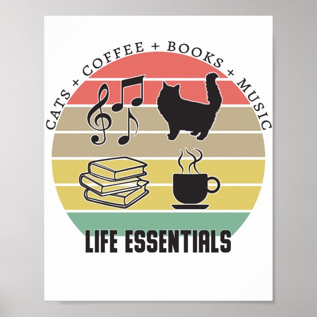 Essentials Katzen, Kaffee, Bücher, Musik Vintag Poster (Vorne)