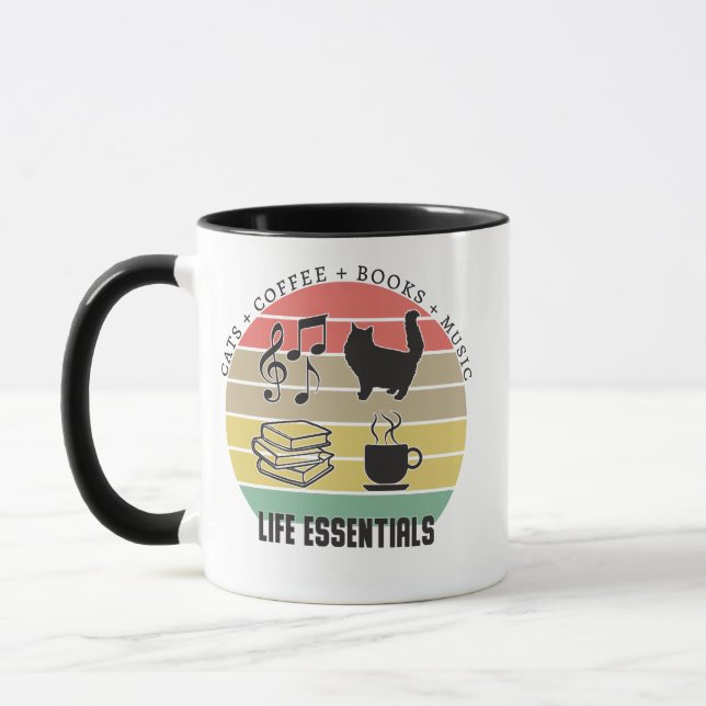 Essentials Katzen, Kaffee, Bücher, Musik Vintag Tasse (Links)
