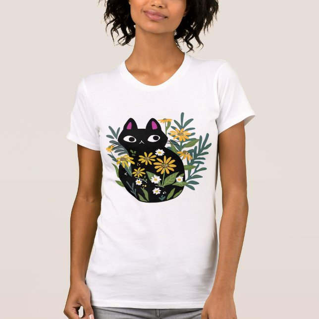 Essenzieller T - Shirt, Schwarze Katze mit Blume D T-Shirt (Vorderseite)
