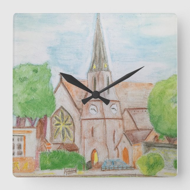 Essex Church Water Color Pencil Quadratische Wanduhr (Vorderseite)