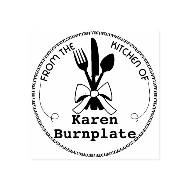 Essgeräte beugen sich kulinarisch aus der Küche vo Gummistempel (Prägung)