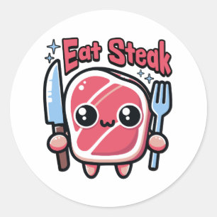 Esst Steak! Niedlich Steak Cartoon Runder Aufkleber