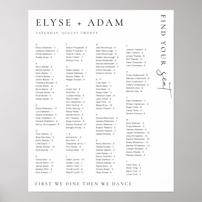 Estelle Modern Minimal Alphabetisches Sitzplakat Poster (Vorne)