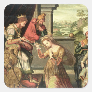 Esther vor König Ahasuerus mit Haman, das gesende Quadratischer Aufkleber