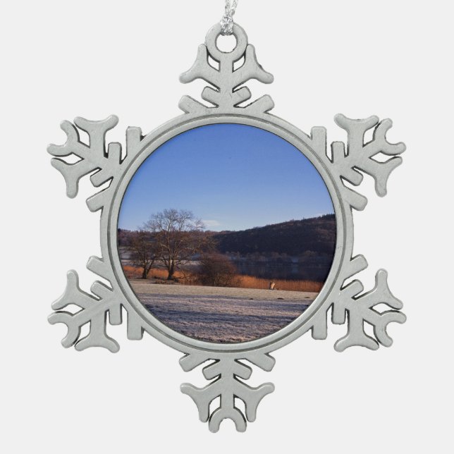 Esthwiwater Winter Holiday Card Poster Foto B Schneeflocken Zinn-Ornament (Vorderseite)