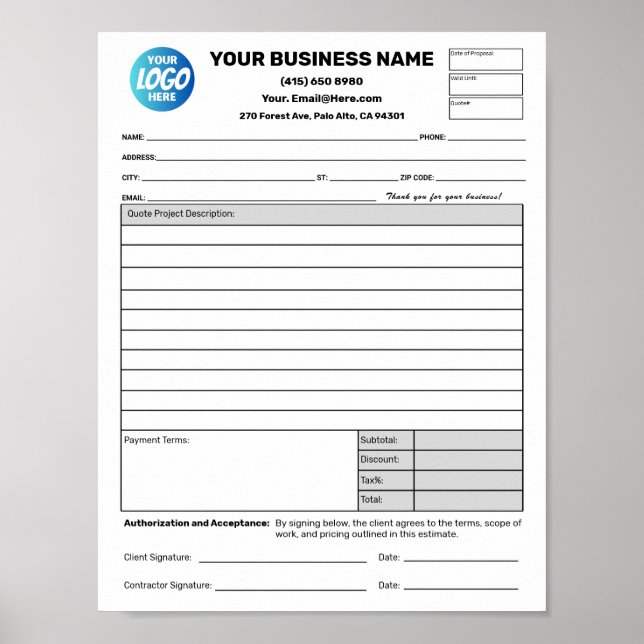 Estimate Quote Job Proposal Forms Downloadable Poster (Vorne)