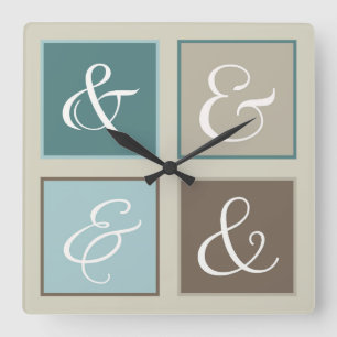 Et-Zeichen Quadrate, Türkis, Blau, Braun, Grau Quadratische Wanduhr