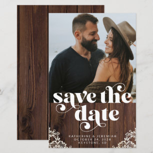 ETAT Rustikale Holz-Spitzen-Foto Save-the-Date-Kar