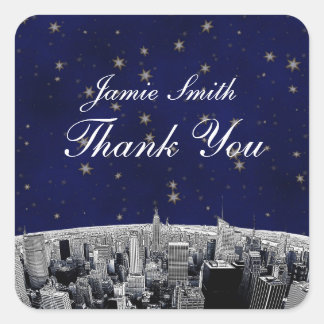 Etched NYC Skyline 2 Blue Gold Star Vielen Dank Quadratischer Aufkleber