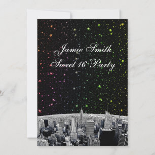 Etched NYC Skyline 2 Rainbow Star Sweet 16 V Einladung