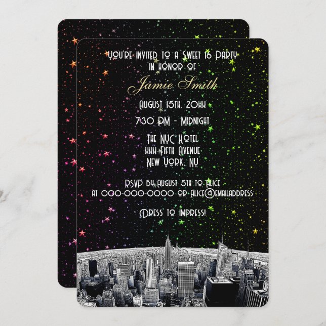 Etched NYC Skyline 2 Rainbow Star Sweet 16 V Einladung (Vorne/Hinten)
