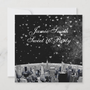 Etched NYC Skyline #2 Schwarz-weiß Heart Sweet 16 Einladung