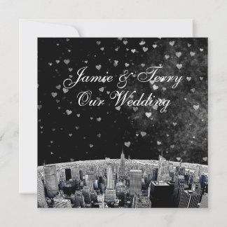 Etched NYC Skyline #2 Schwarz-weiß Heart Wedding Einladung