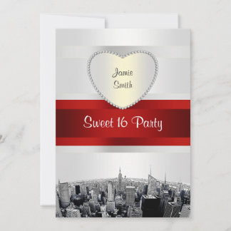 Etched NYC Skyline 2H White, Red Ribbon Sweet 16 Einladung
