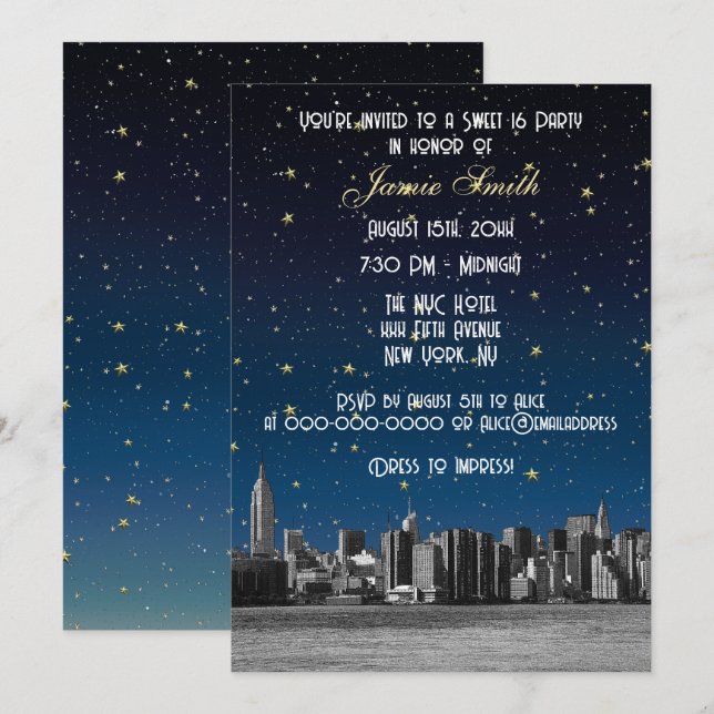 Etched NYC Skyline #3 Starry Blu Sunset Sweet 16 V Einladung (Vorne/Hinten)