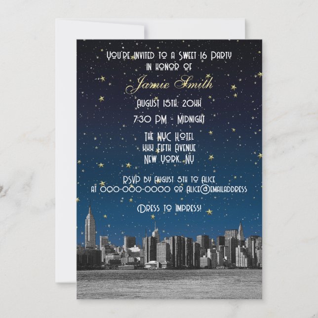 Etched NYC Skyline #3 Starry Blu Sunset Sweet 16 V Einladung (Vorderseite)