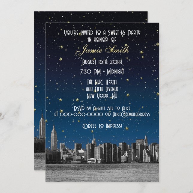 Etched NYC Skyline #3 Starry Blu Sunset Sweet 16 V Einladung (Vorne/Hinten)