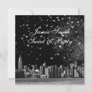 Etched NYC Skyline Black BG White Heart Sweet 16 Einladung