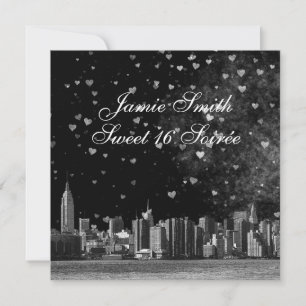 Etched NYC Skyline Black BG Wht Heart Sweet 16 SQ2 Einladung