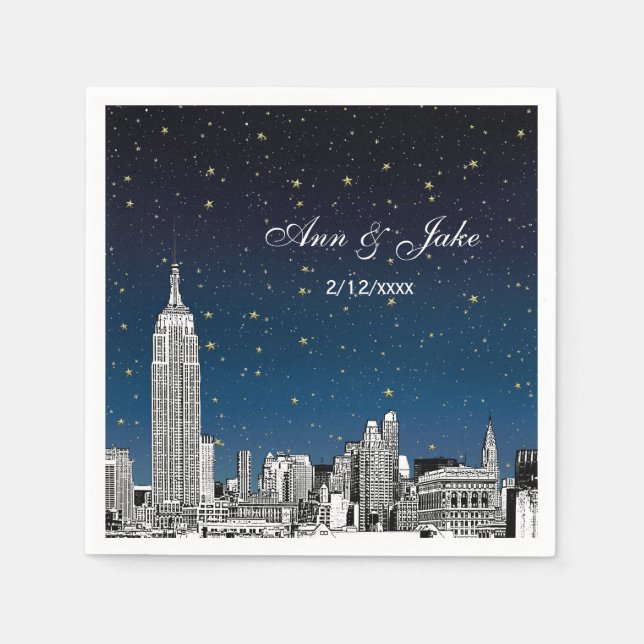 Etched NYC Skyline Blue Starry Wedding Serviette (Vorderseite)