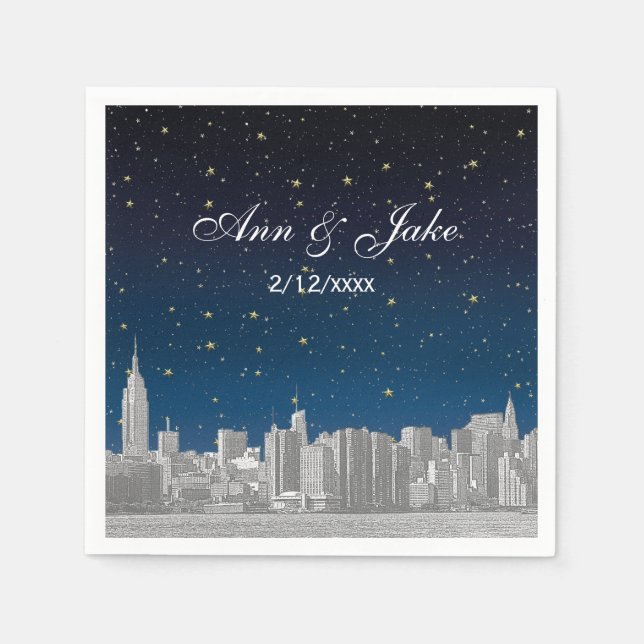 Etched NYC Skyline Blue Starry Wedding Serviette (Vorderseite)