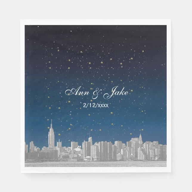 Etched NYC Skyline Blue Starry Wedding Serviette (Vorderseite)