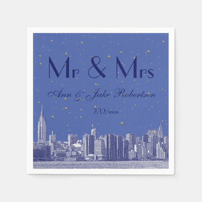 Etched NYC Skyline DIY BG Blue Starry Wedding Serviette (Vorderseite)