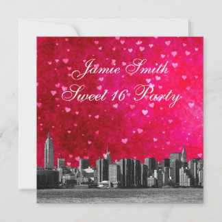 Etched NYC Skyline Hot Pink Red Heart Sweet 16 Einladung
