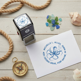 Etched Vintage Octopus Round Return Address Stamp Permastempel